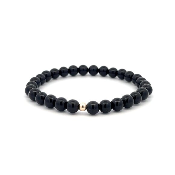 Gemstones Onyx 6mm Stretchable Bracelet 14k Gold Bead Charm - Picture 1 of 5